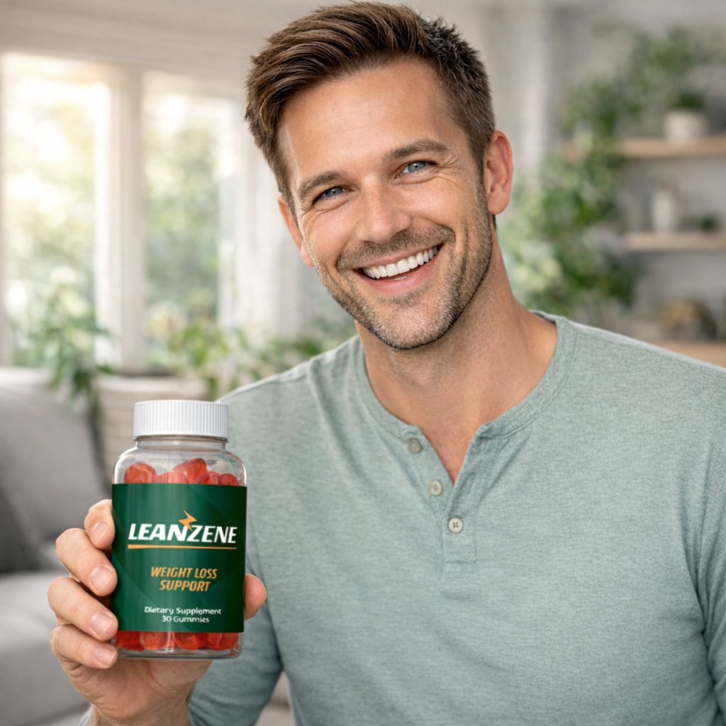 Homem apresenta suplemento LeanZene ao público