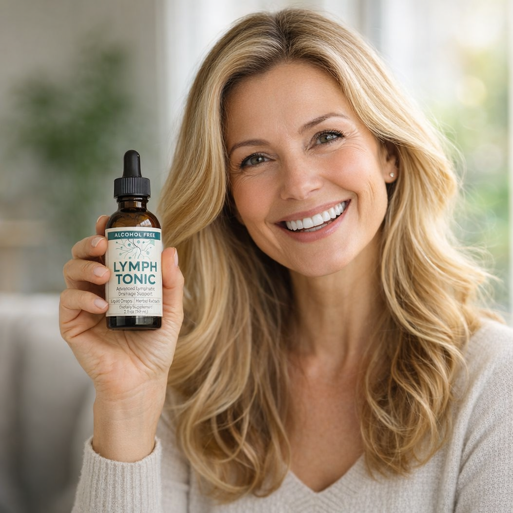 Mulher sorrindo com suplemento Lymph Tonic
